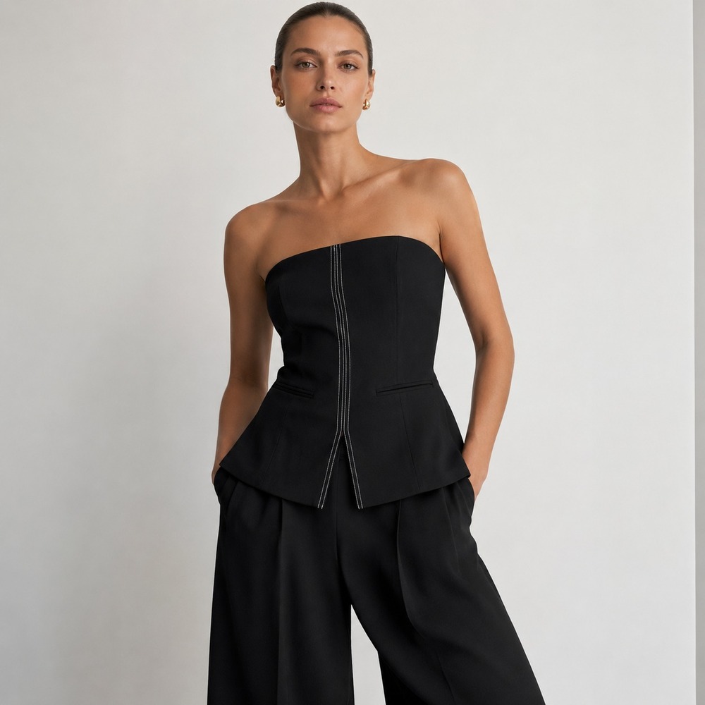 Camila Coelho Black Strapless Corset Bustier Top Contrast Stitch Size M